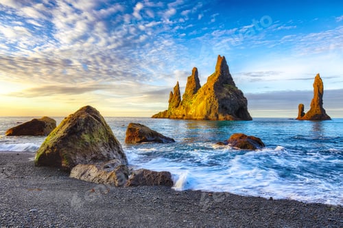 Preview: Incredible view of rock formations Troll Toes on Black beach Reynisfjara near the village of Vik.