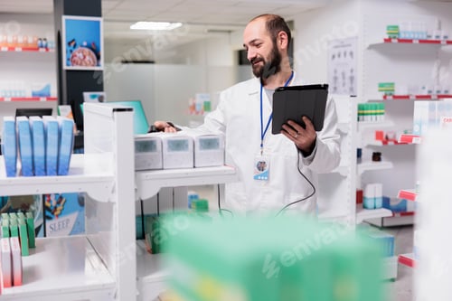Preview: Drugstore worker verifies the medical prescription on tablet computer checking for any potential