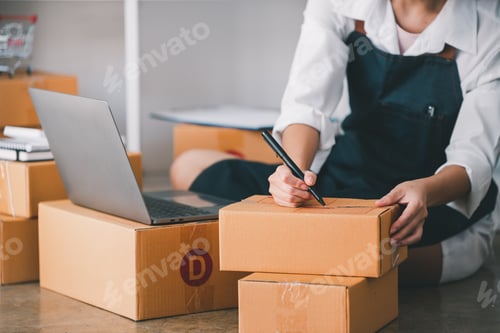 Preview: Small start-up business owners checking parcels at work, freelancers, salespeople, checking producti