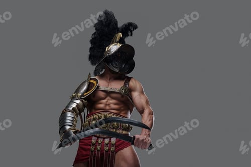 Preview: Shot of muscular gladiator with dual swords and plumed helmet