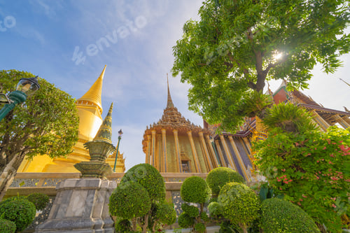 Preview: Golden pagoda at Temple of the Emerald Buddha in Bangkok, Thailand. Wat Phra Kaew and Grand palace