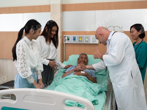 Preview: In hospital room relative visit patient hold hand and listen doctor explain his illness condition