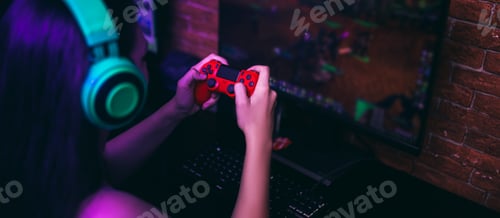 Preview: Computer games, playing place, young gamer playing video games with headphones