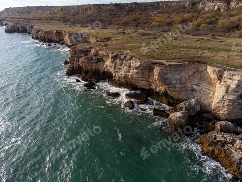 Preview: Aerial view of sea waves and fantastic cliffs, rocky coast. Kamen Bryag Yaylata reserve, Bulgaria