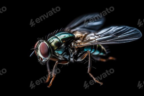 Preview: Closeup of a bright blue and green fly on a dark background