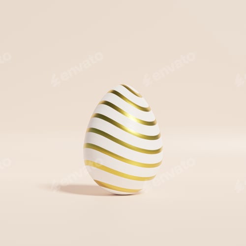 Easter egg with golden stripes pattern on beige background, spring April holidays card