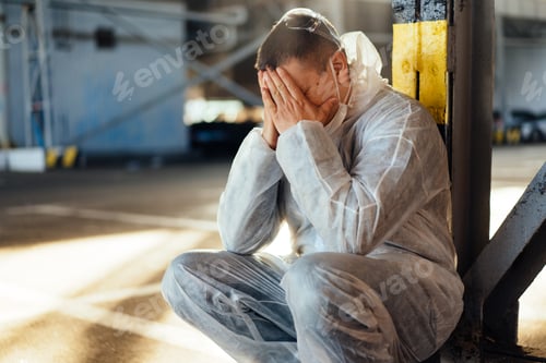 Preview: Despair healthcare worker in white covid protective overalls.