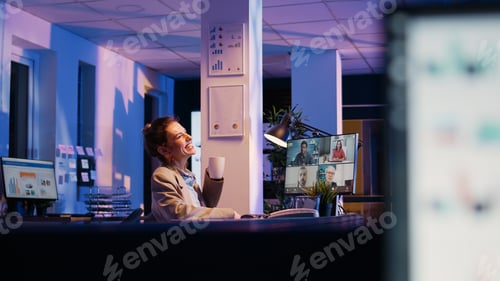 Preview: Young manager attending business meeting online