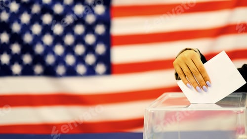 Preview: woman putting a ballot in a ballot box on election day.