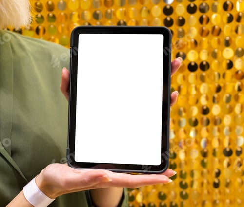 Preview: Mockup image of a woman holding and using digital tablet with blank white desktop screen