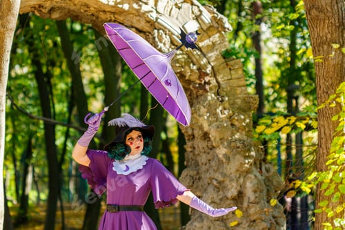 Preview: Girl, woman, queen, butterfly in purple dress and umbrella