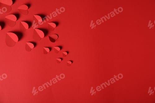 Preview: Many paper hearts on red background, flat lay. Space for text
