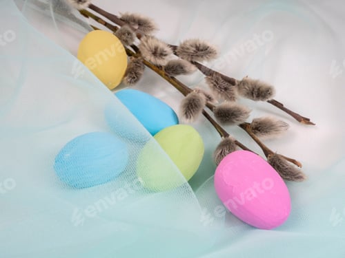 Preview: Spring composition with willow twigs and Easter colored eggs