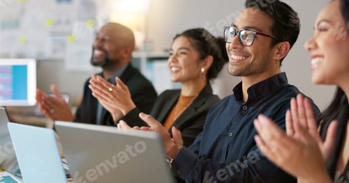 Preview: Business people, meeting applause and team for success, support or thank you in conference, worksho