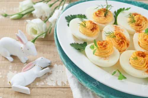 Preview: Easter stuffed eggs. Traditional Easter brunch or dinner with stuffed eggs with paprika, carrot cake