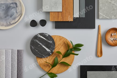 Preview: Elegant architect moodboard flat lay composition in light grey