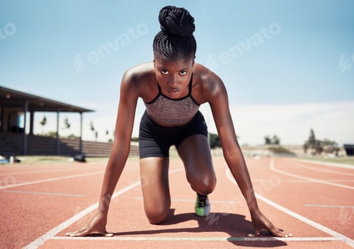 Preview: Black woman, runner and start line, race and competition, exercise challenge or fitness at stadium