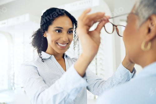 Preview: Optometrist, eye care choice or customer with glasses for vision in a retail optical or eyewear sho