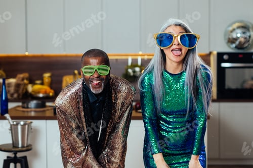 Preview: image of a multiethnic senior couple making party