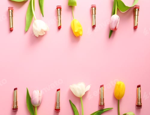 Preview: Flat lay composition with different lipsticks and tulip flowers on color background, space for text
