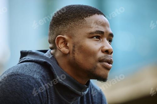 Preview: Thinking, fitness and black man in the city for running motivation, cardio and commitment to body g