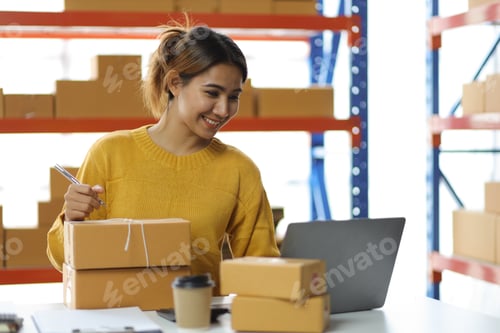 Preview: Woman startup small business entrepreneur works with cardboard boxes in a warehouse.