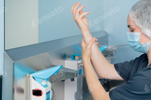 Preview: in a modern clinic in a bright, spacious preoperative area for sterilization of the surgeon's hands