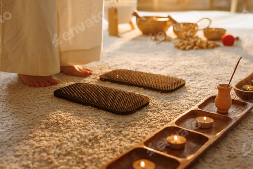 Preview: Woman standing near meditation nail boards Sadhu with incense and candles in calming healing space.