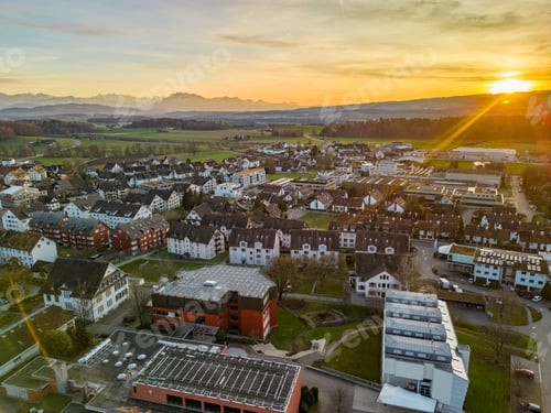 Preview: Aerial panorama view to lake Zug and Swiss Alps with Mettmenstetten, Switzerland