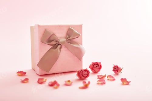 Preview: Valentine day composition with giftbox. Mother's day, women's day, birthday greeting card template.