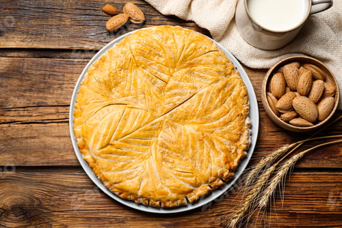 Preview: Traditional galette des rois and ingredients on wooden table, flat lay