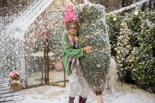 Preview: Woman with Christmas tree preparing for a winter holidays outdoors