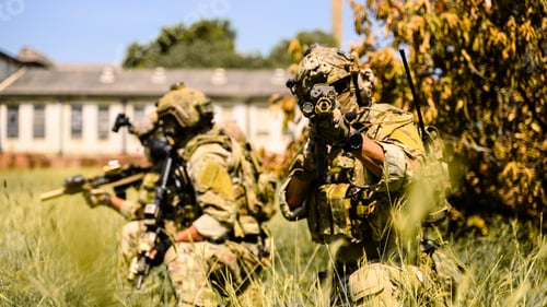 Preview: Squad of soldiers running forward and attacking enemy during military operation, Army soldiers in