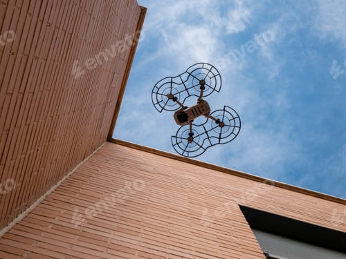 Preview: Worm's eye view of a drone with propeller guard flying beside a building