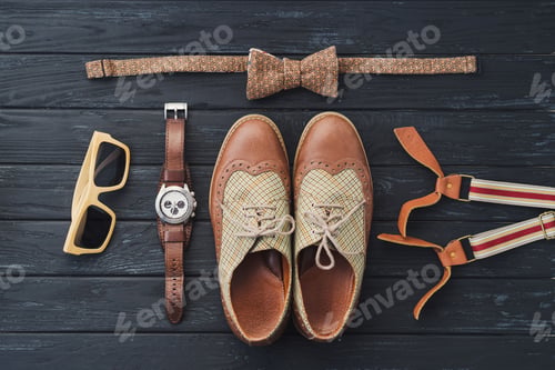 Preview: Outfit of traveler, student, teenager, hipster. Top view of essentials for a modern young person.