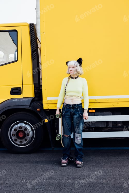 Preview: Young rebel gender fluid woman real beauty posing outdoors looking over holding skateboard