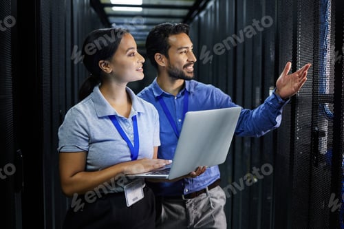 Preview: Server room, laptop and manager people or technician in data center management, system and cyber se