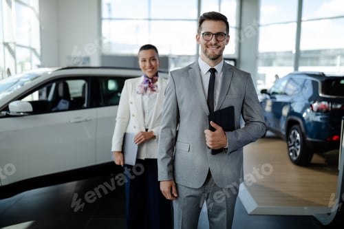Preview: Two consultants or managers in elegant suit with laptop in arms, looking on camera with smile.