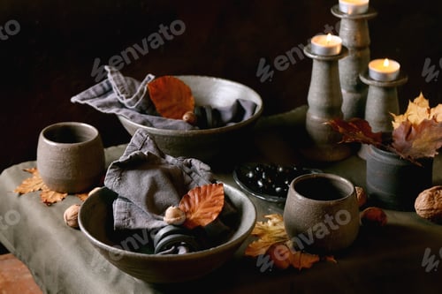 Preview: Rustic autum table setting with craft ceramic tableware