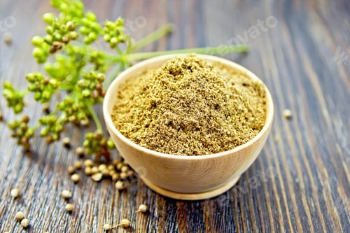 Preview: Coriander powder in bowl on board