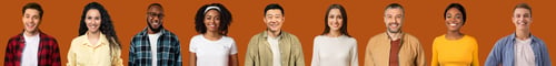 Preview: Happy multiethnic people posing on orange, collection of photos