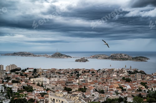 Preview: Wide-angle shot of mediterranean sea with a view at Marseille and it's surrounding islands