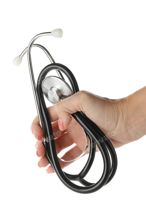 Preview: Female hand holding stethoscope, isolated on white background