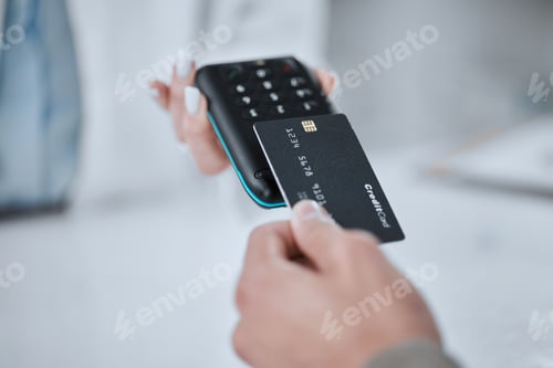 Preview: Qr code, contactless payment and person with credit card or customer in pharmacy to purchase a serv