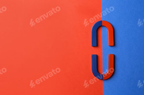 Preview: Red and blue horseshoe magnets on color background, flat lay. Space for text