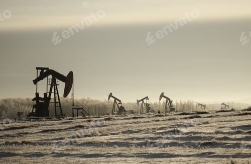 Preview: Field with oil pump jacks surrounded by greenery under a cloudy sky and sunlight