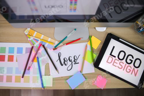Preview: Top Down View of Designer's Desk With Pencils and Color Swatches