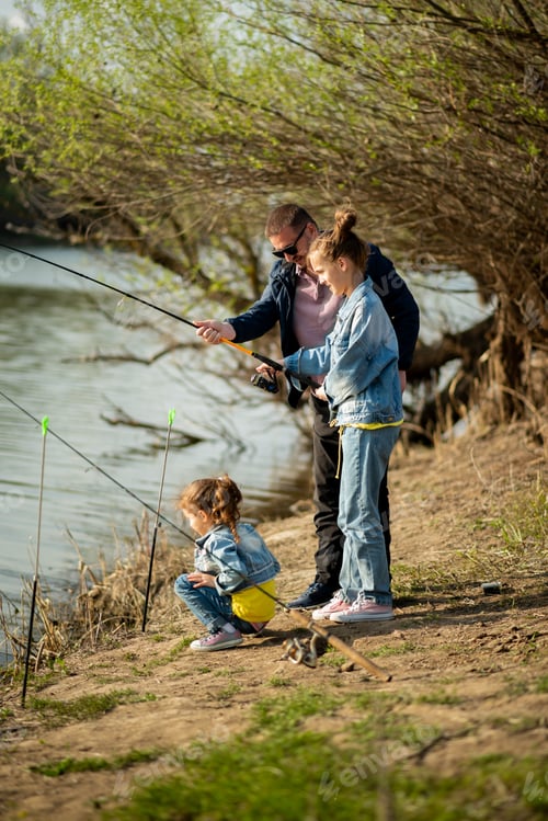 Preview: A dad and his two daughters are fishing in the river.