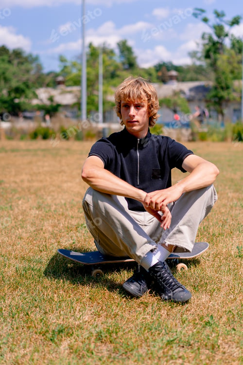 Preview: young serious guy skater with long hair sits on skateboard against the background of grass and sky
