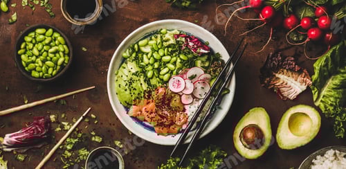 Preview: Salmon poke bowl with vegetables, greens, sushi rice, wide composition